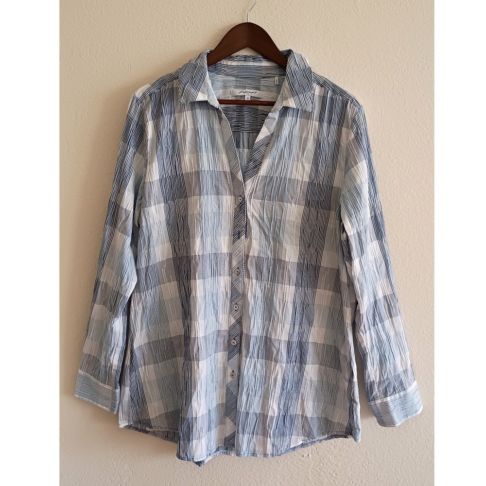 Foxcroft Blue White Plaid Crinkle Button Down Shirt Long Sleeve Blouse Size 18